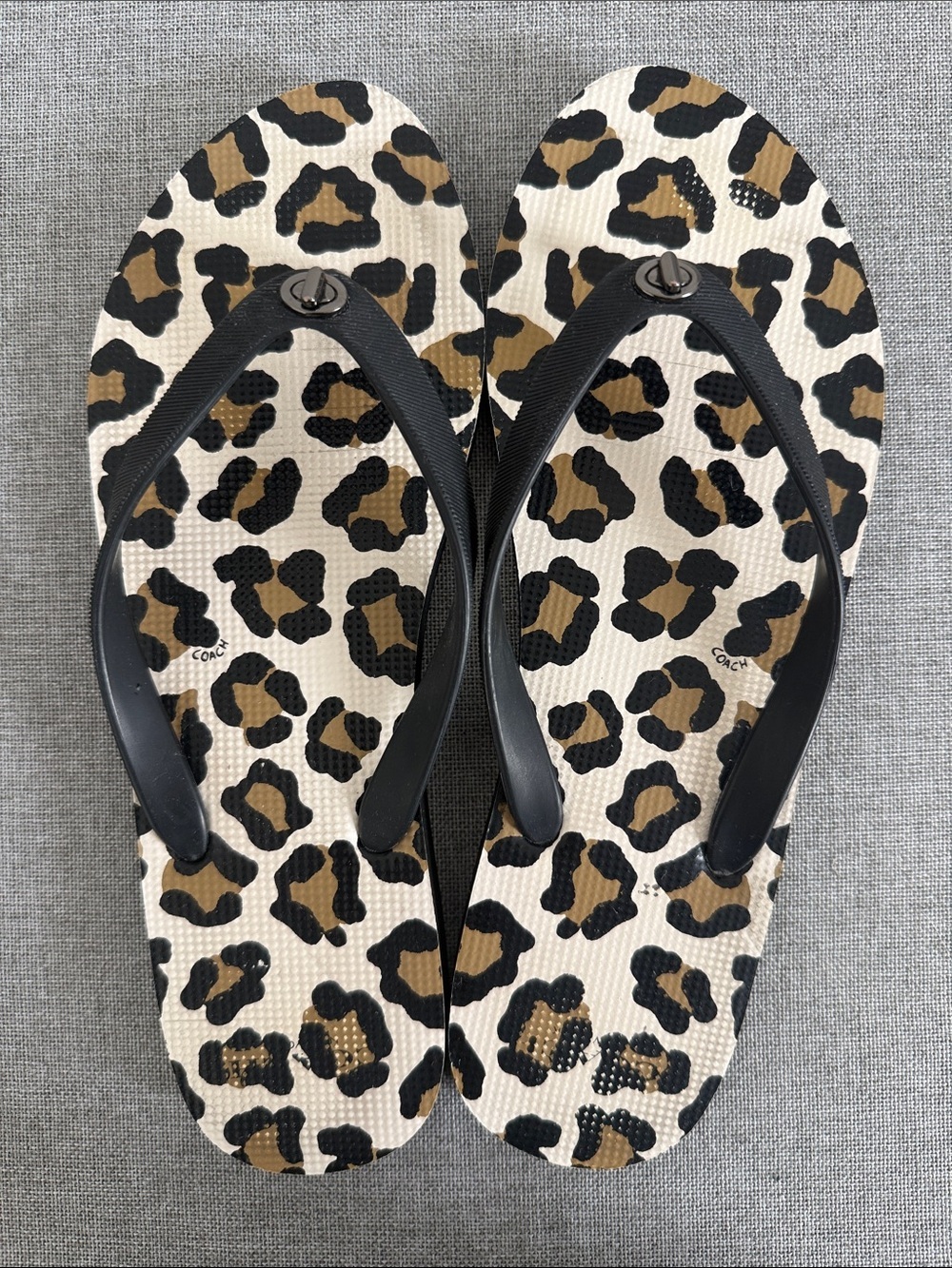 Coach Leopard-Print Flip Sandals with Black Straps